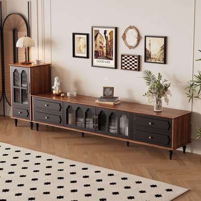 中古风电视柜茶几组合小户型客厅家用法式新款黑色实木复古储物柜