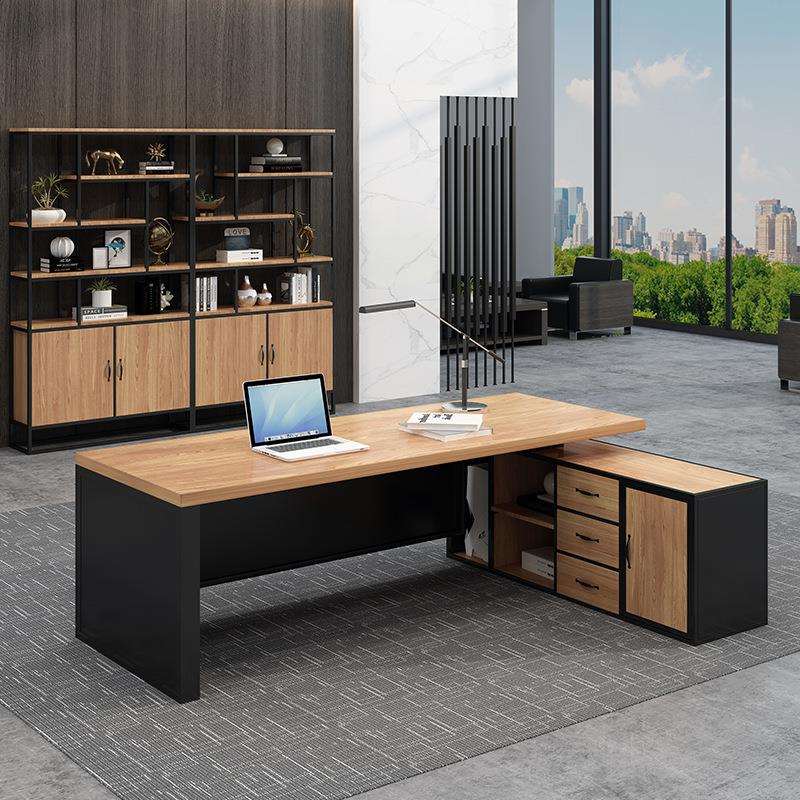 现代简约实木办公桌椅组合经理总裁办公室带侧柜电脑桌家用工作台