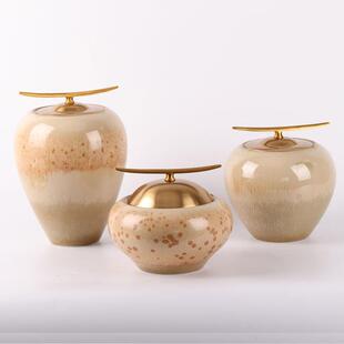 新中式样板房玄关装饰品电视柜博古架摆件创意黄色陶瓷罐三件套