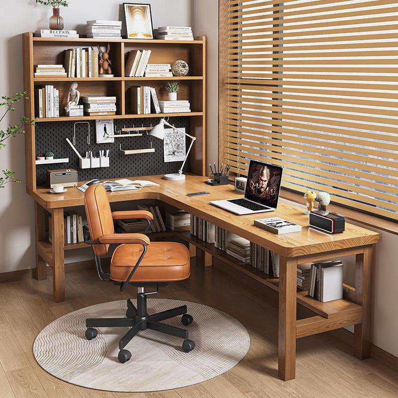 实木转角电脑桌书桌书架一体书柜置物架办公桌家用洞洞板收纳书桌