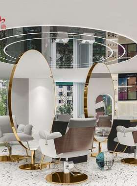 网红理发店镜台不锈钢落地镜全身镜子发廊专用美发双面镜带led灯