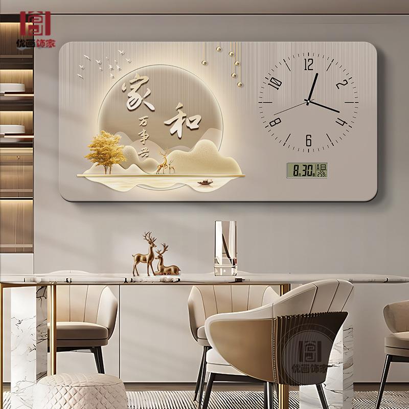 家和万事兴大尺寸电表箱装饰画免打孔带钟表遮挡配电箱万年历挂画