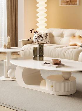 奶油风岩板椭圆形茶几客厅铁艺茶几小户型新款网红茶桌边几套装