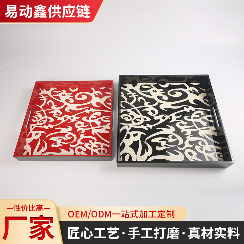 越南进口漆器日式茶盘软装纯手工工艺银箔鸡蛋壳镶钳茶盘摆件批发