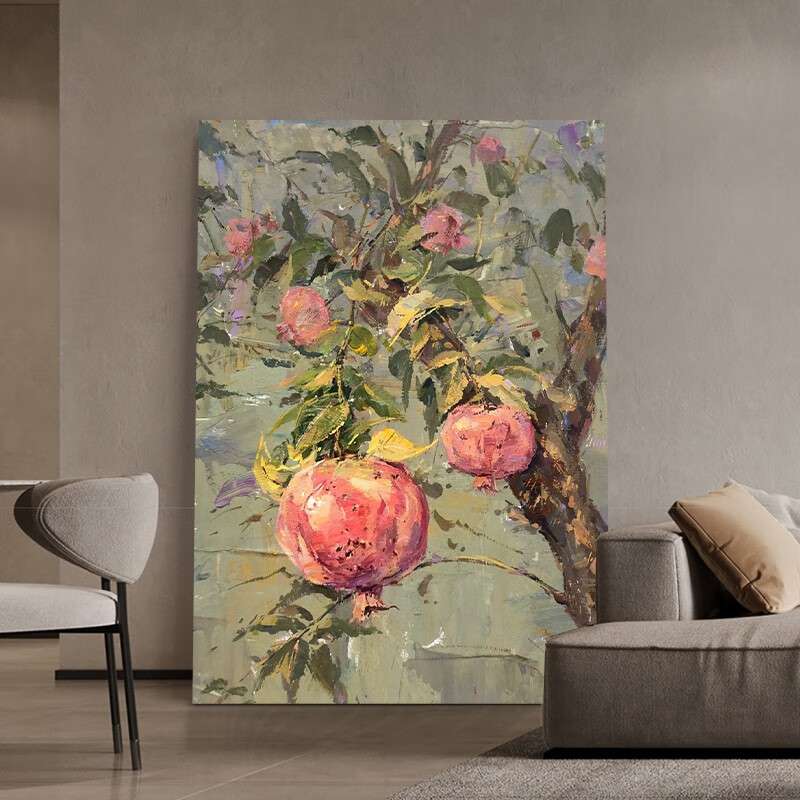 石榴树多子多福手绘画古风寓意装饰画客厅玄关立体肌理壁画挂画图片