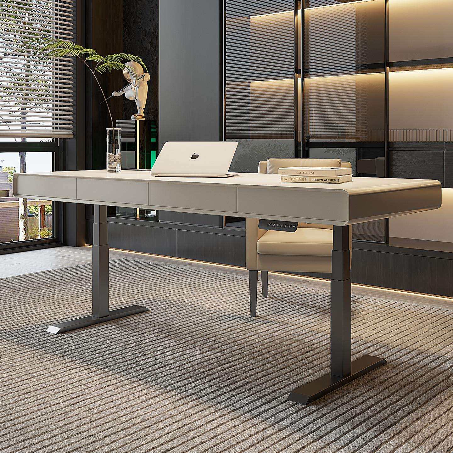 意式轻奢实木智能电动可升降书桌客厅家用大长桌子双人办公电脑桌