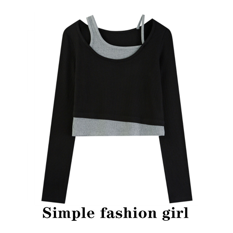 美式复古假两件长袖t恤辣妹上衣