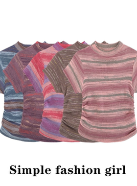 美式复古短款条纹圆领针织上衣女夏季2025新款设计感小众短袖t恤