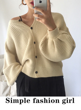 2025新款慵懒风落肩坑条毛衣春秋季宽松泡泡袖圆领针织开衫外套女