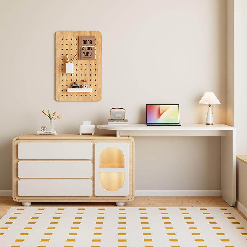 奶油风法式转角电脑书桌斗柜一体卧室学习家用旋转梳妆台L型