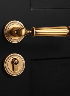 法式黄古铜门锁室内卧室房间复古门把手美式静音磁吸门锁