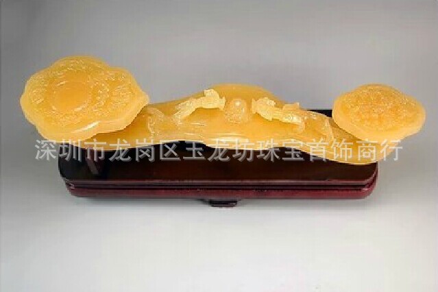 厂家批发玉龙坊 米黄玉如意摆件 二龙戏珠玉摆件吉祥如意家居摆件
