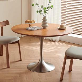 圆形餐桌家用实木圆桌小户型中古休闲洽谈桌郁金香不锈钢复古饭桌