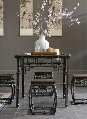 明清古典原竹四方桌套装筇竹八仙桌茶桌正方形餐桌组合一桌四凳