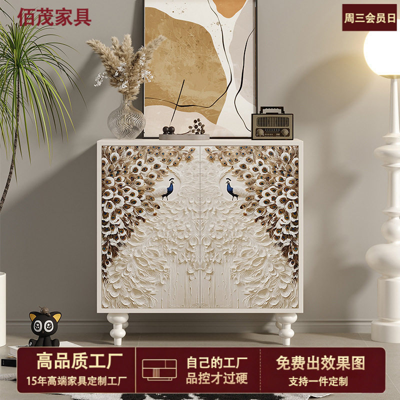 美式轻奢风玄关柜家用客厅装饰储物柜现代简约艺术彩绘孔雀餐边柜