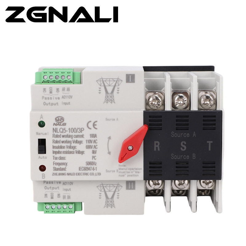 AC110V双电源自动转换开关3P/100A毫秒级切换不断电左操作型市电