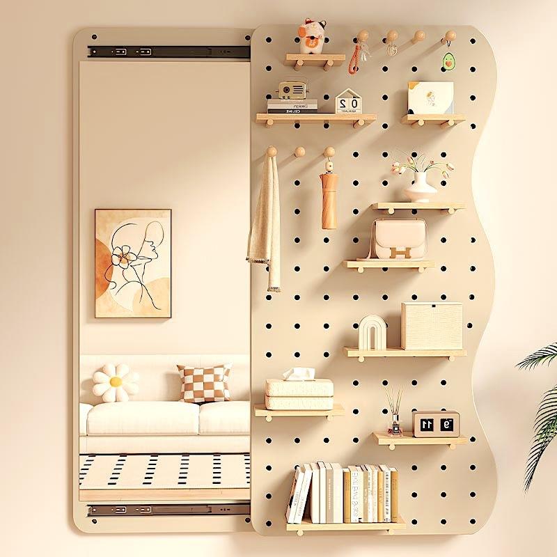 实木隐藏洞洞板波浪型穿衣镜置物架一体镜子全身镜门口墙上挂衣架