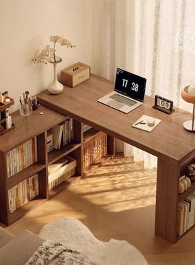 转角书桌卧室梳妆台L型拐角电脑桌子实木可旋转书架书柜一体桌子