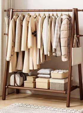 实木加粗款落地衣架卧室家用简易双层室内挂衣服衣帽架工厂
