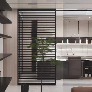 极简风黑色金属格栅屏风铁艺镂空隔断不锈钢十字网格横条装饰隔栅