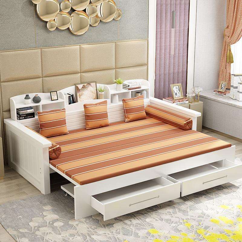 实木沙发床可折叠简约现代客厅小户型多功能带储物柜推拉坐卧两用