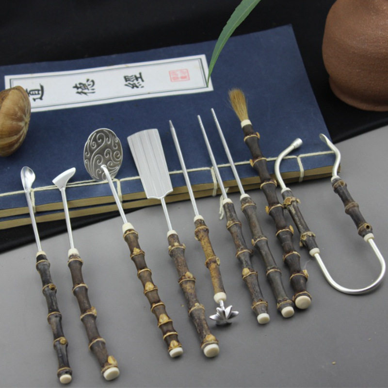 香道用品工具紫竹莲花八件套装打香拓香道香粉工具收藏佳品赠布袋