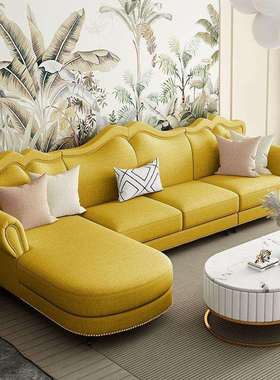 美式轻奢转角布艺沙发组合乡村田园风格棉麻科技布小户型U型家具