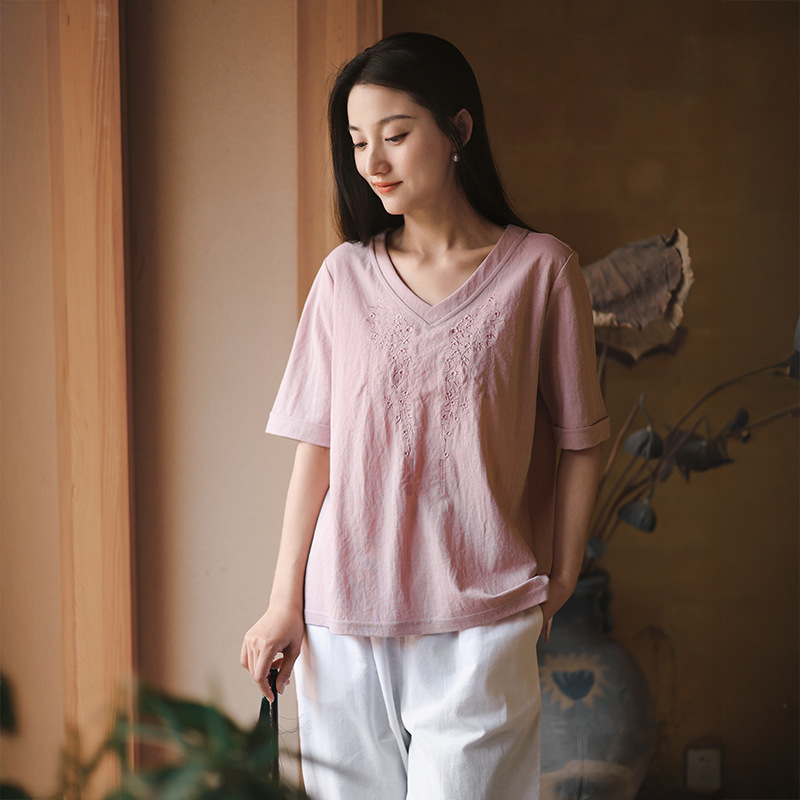 2025夏季新款秀气棉麻v领短袖t恤打底衫女中国风刺绣复古上衣女装