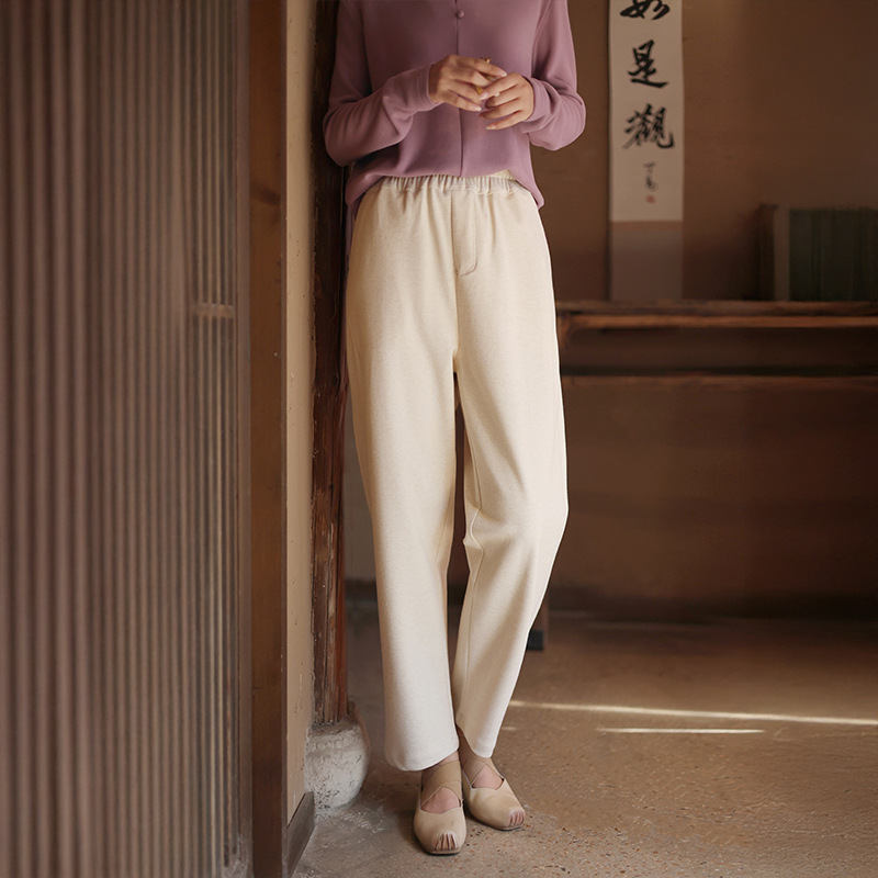 2025秋冬新款修身休闲裤女松紧腰天丝羊毛收腿萝卜裤加厚防风裤女