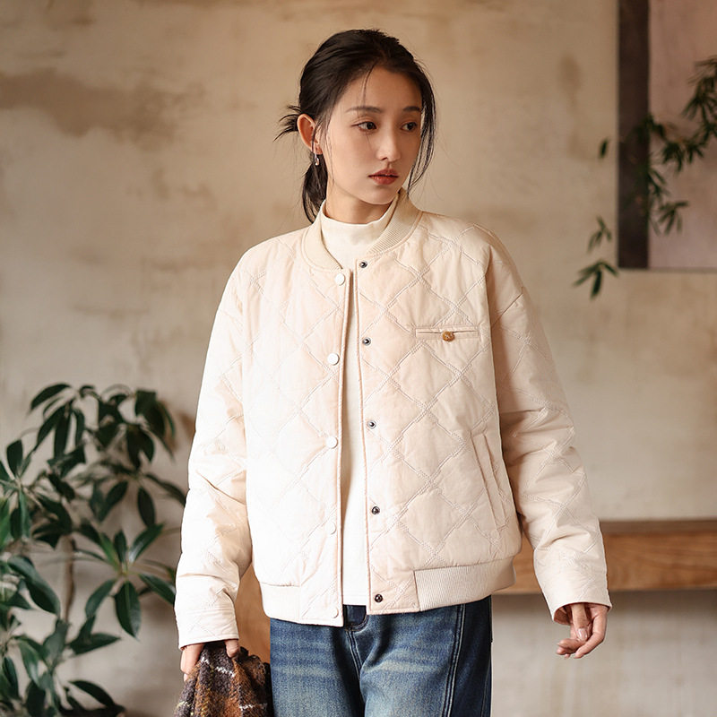 2025新款冬装夹棉保暖外套女小个子加厚棉衣绗棉棒球服菱形格棉服