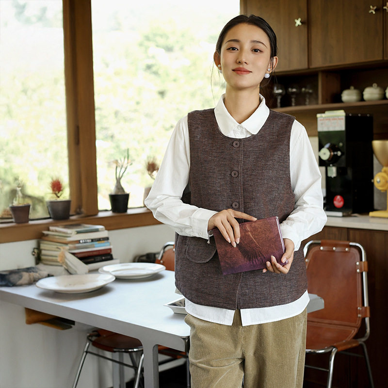 新中式冬季新款气质亚麻压缩棉马甲女感棉麻背心外穿夹棉坎肩马夹