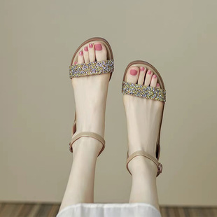 潮 平底凉鞋 女2025年夏季 新款 仙女风一字带水钻透气软底百搭罗马鞋