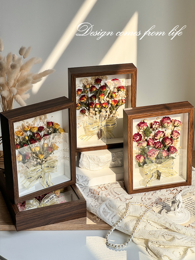 干花相框成品永生花装饰摆件玫瑰花束植物标本生日礼物真花高级感