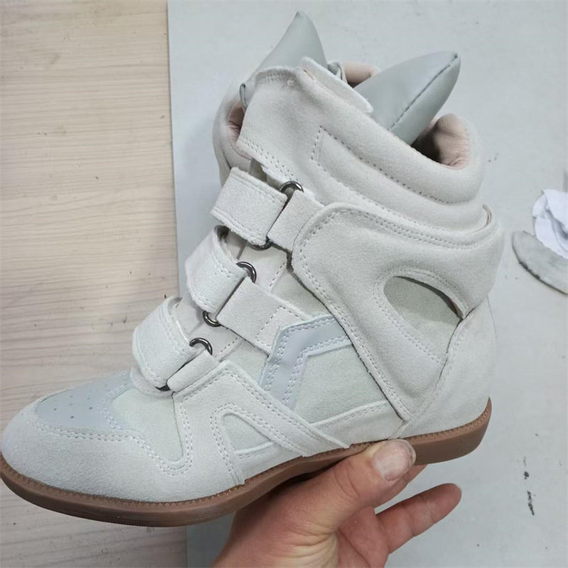 thumbnail for European and American Velcro invisible inner heightened women's shoes 8CM wedge heel color-blocked athleisure shoes leather high-top shoes free shipping