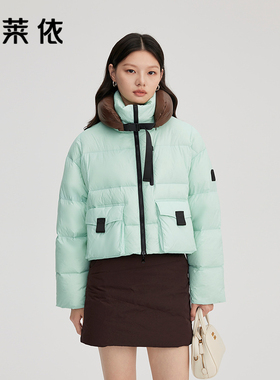 艾莱依黑色短款鹅绒服女新款休闲泡芙外套可脱卸U形枕羽绒服反季