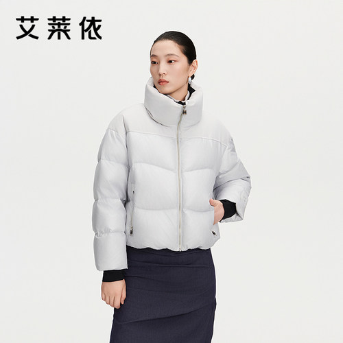 艾莱依时尚羽绒服女冬季新品祥福纹立领短装商场同款保暖银色外套