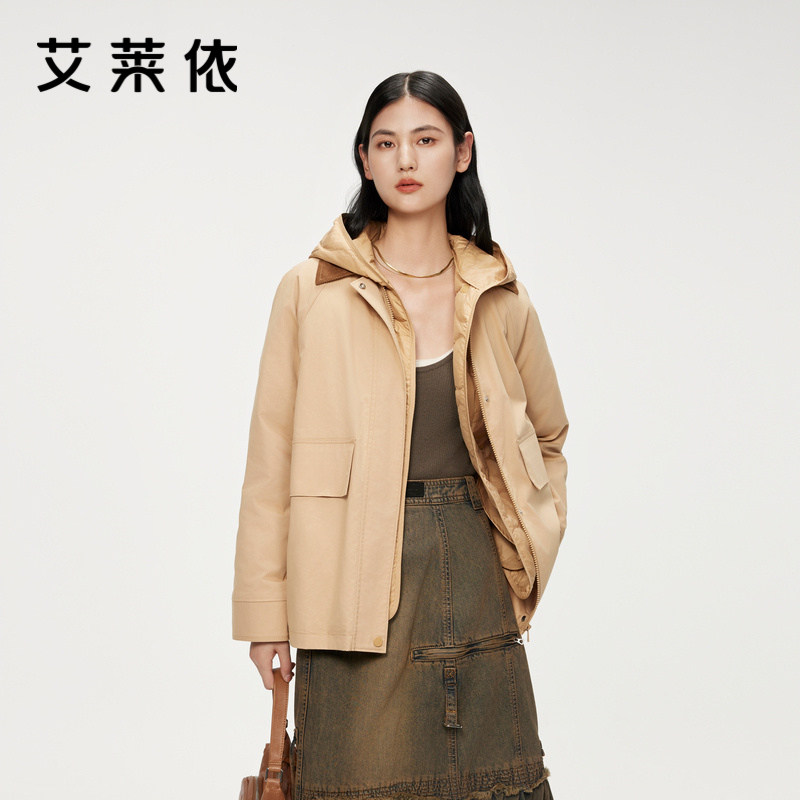 艾莱依冬季新品羽绒服女二合一工装休闲连帽短款外套商场同款夹克