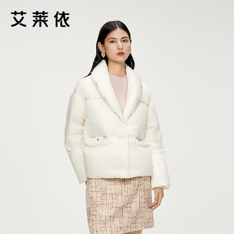 艾莱依秋冬季新款90绒羽绒服女短款加厚保暖百搭廓形时尚白色外套