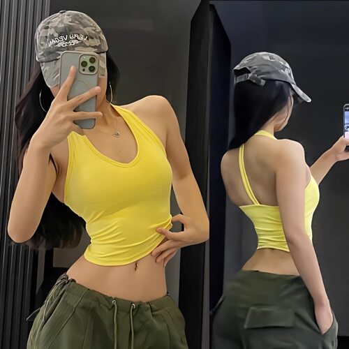 V领挂脖瑜伽服背心带胸垫