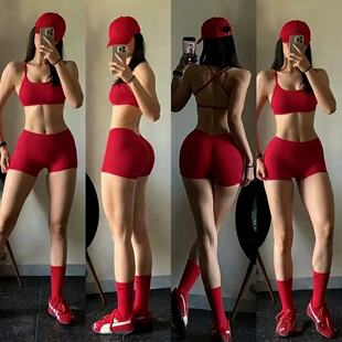 后V中高腰显臀健身防震运动文胸搭配瑜伽三分短裤女健身套装