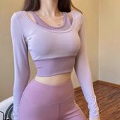 普拉提训练服秋冬 女带胸垫健身套装 瑜伽服长袖 假两件运动上衣短款