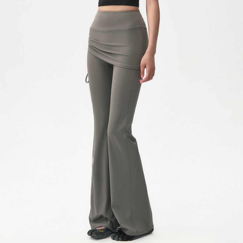 假两件高腰长裤抽褶提臀裸感裙裤跑步运动裤遮臀透气健身裤微喇裤