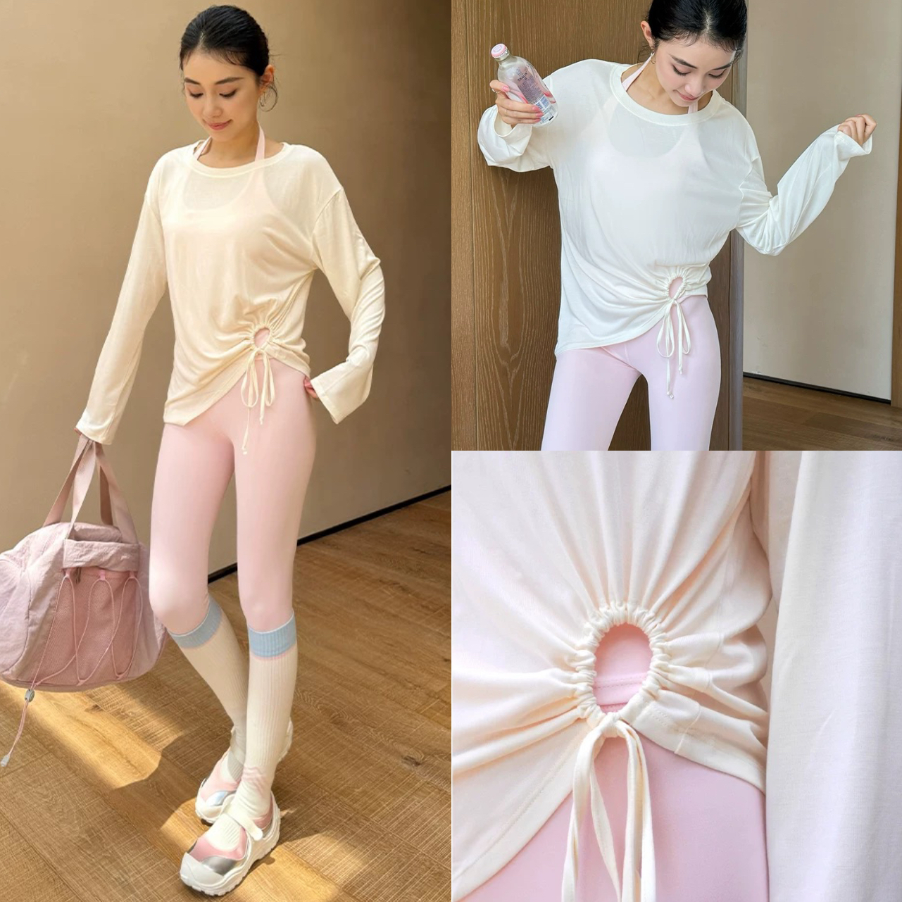 透气宽松长袖瑜伽服抽绳运动上衣