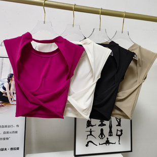 运动T恤收腰显瘦健身背心外穿 胸垫性感露背短款 瑜伽短袖 女固定式