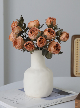 ins复古焦边玫瑰仿真花束假花仿干花摆设客厅餐桌电视柜装饰摆件