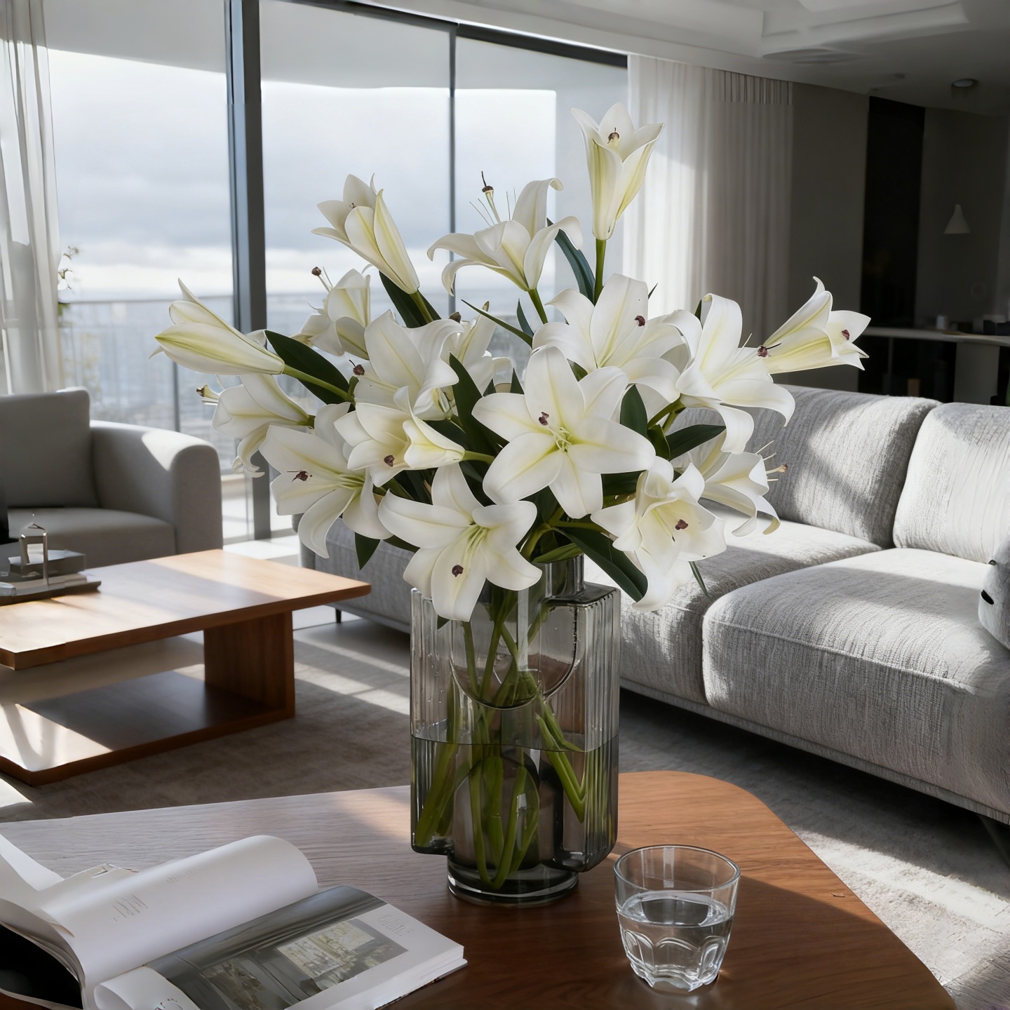 高档百合花仿真花束假花摆件