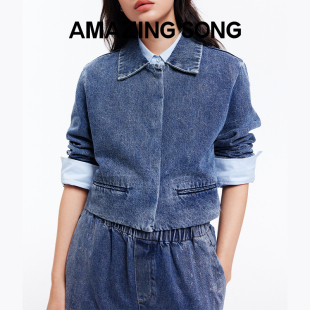 Amazing 休闲新款 纯棉短款 抗皱外套女士 Song乙颂刷银牛仔系列套装