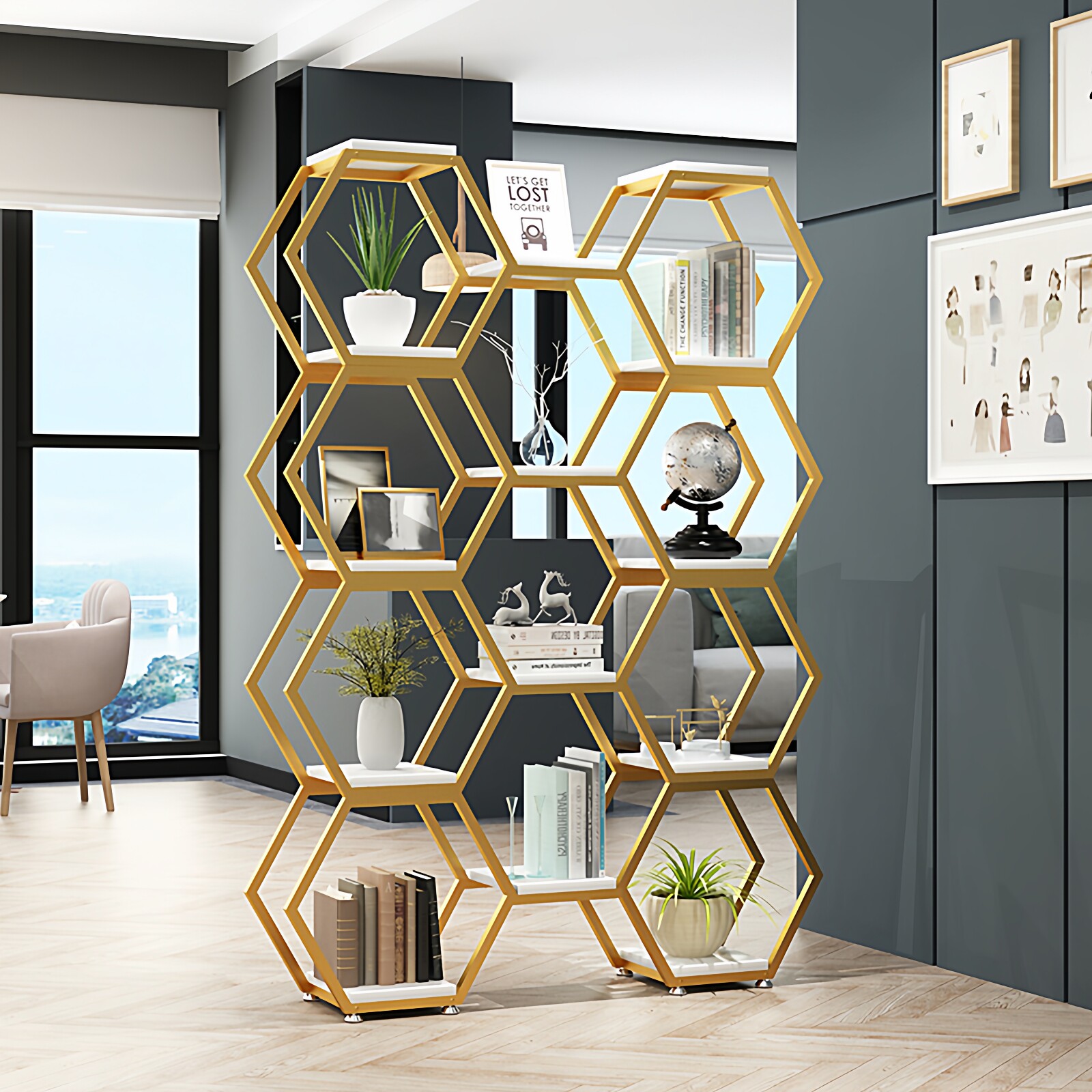 铁艺隔断置物架办公室屏风隔断客厅玄关花架创意六边形商品展示架