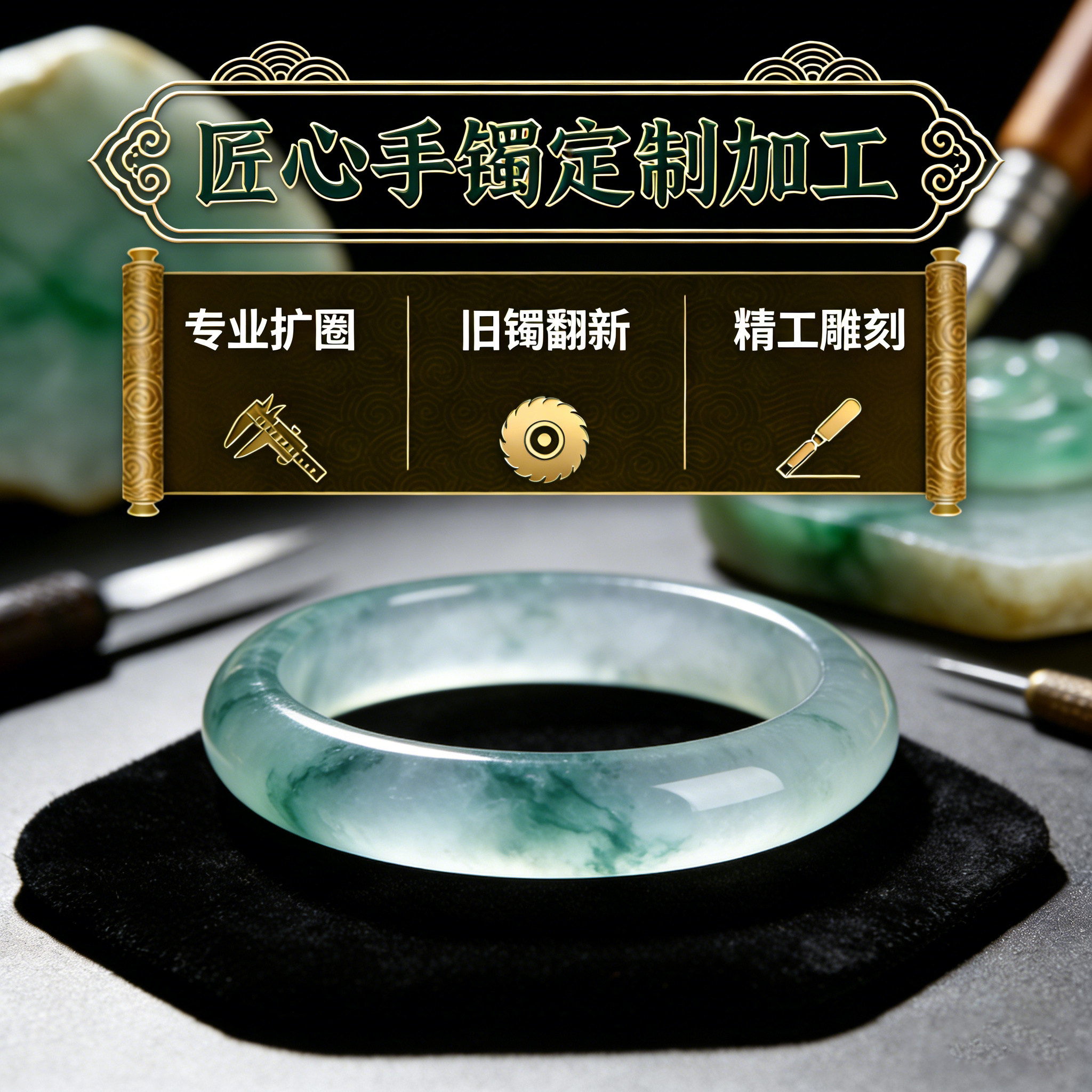 翡翠手镯加工抛光修复扩圈改窄薄缅甸玉镯子玉石去脏去瑕疵翻新雕