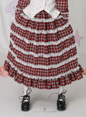 MEME原创 日系圣诞红格子古早裙子 Lolita昭和复古可爱小众半身裙